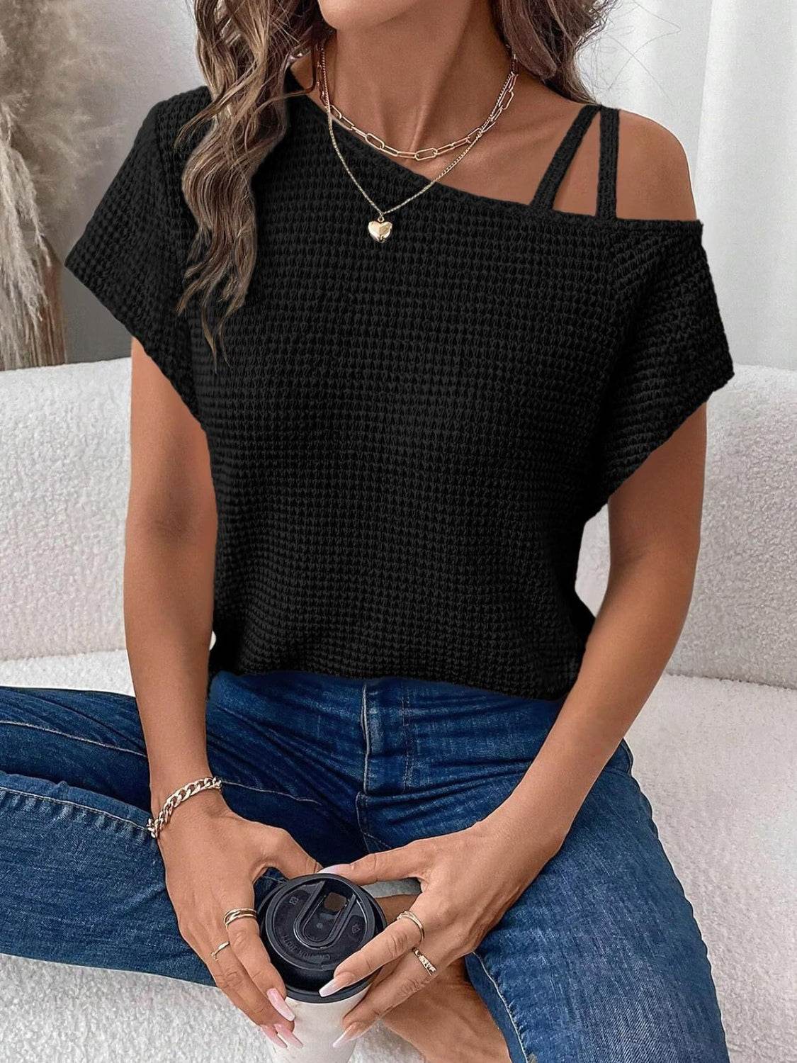 Asymmetrical Neck Short Sleeve T-Shirt - UnLaced Boutique
