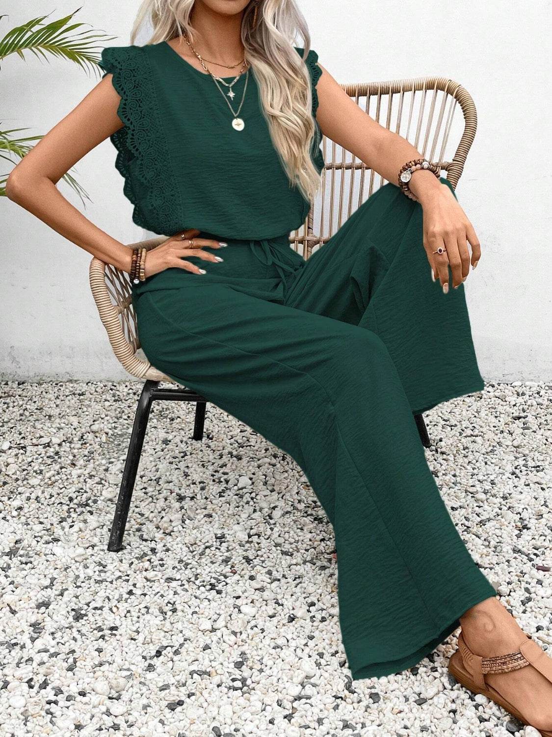 Lace Trim Round Neck Top and Pants Set - UnLaced Boutique
