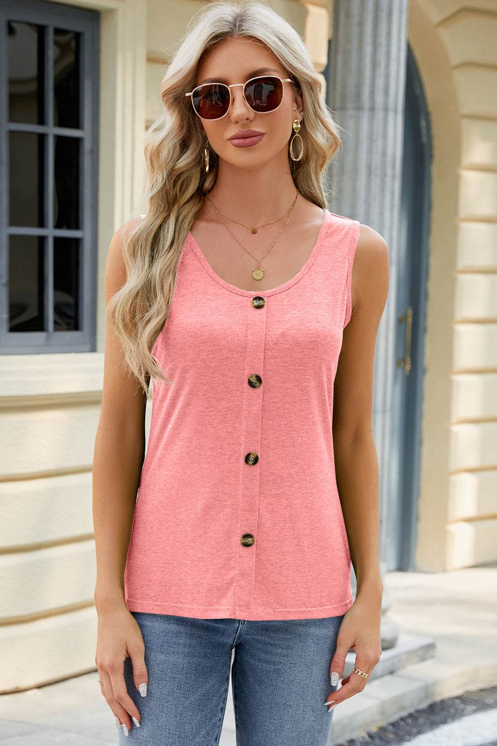 Decorative Button Round Neck Tank - UnLaced Boutique