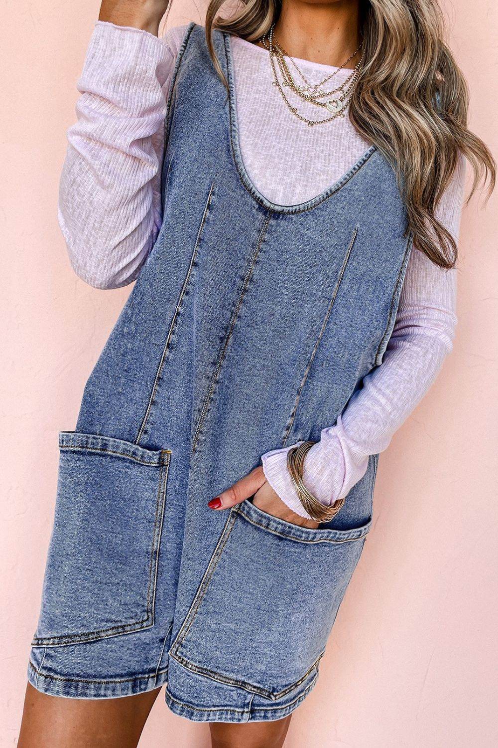 U Neck Patched Pocket Denim Overalls - UnLaced Boutique