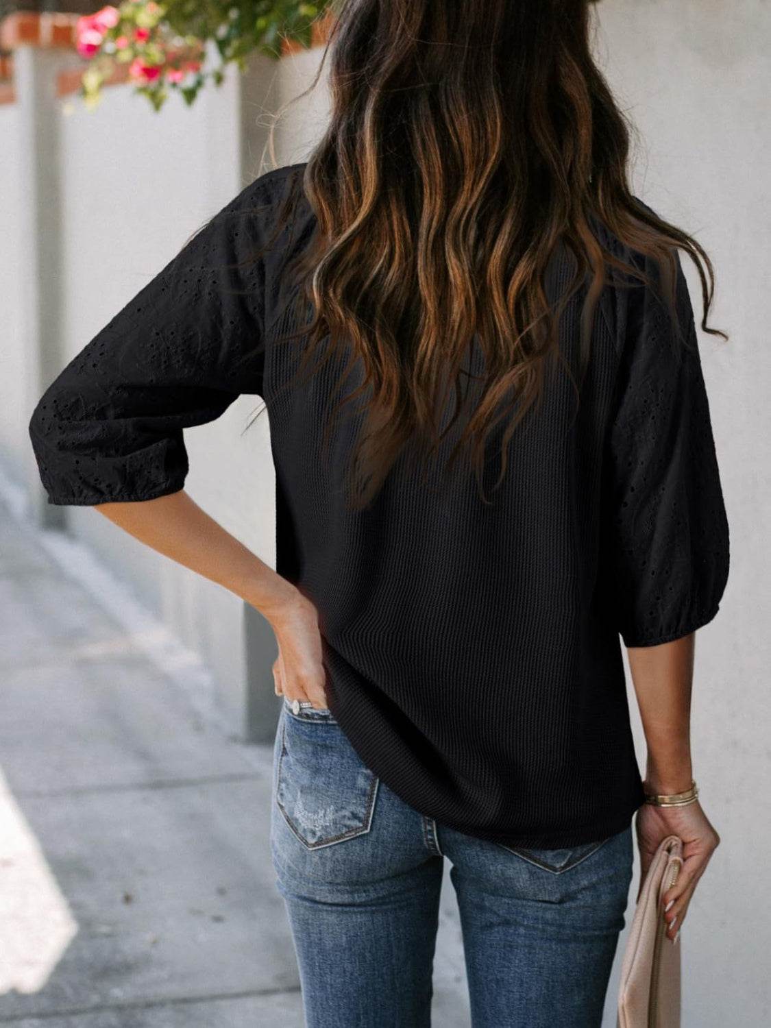 Eyelet Tie Neck Three-Quarter Sleeve Blouse - UnLaced Boutique