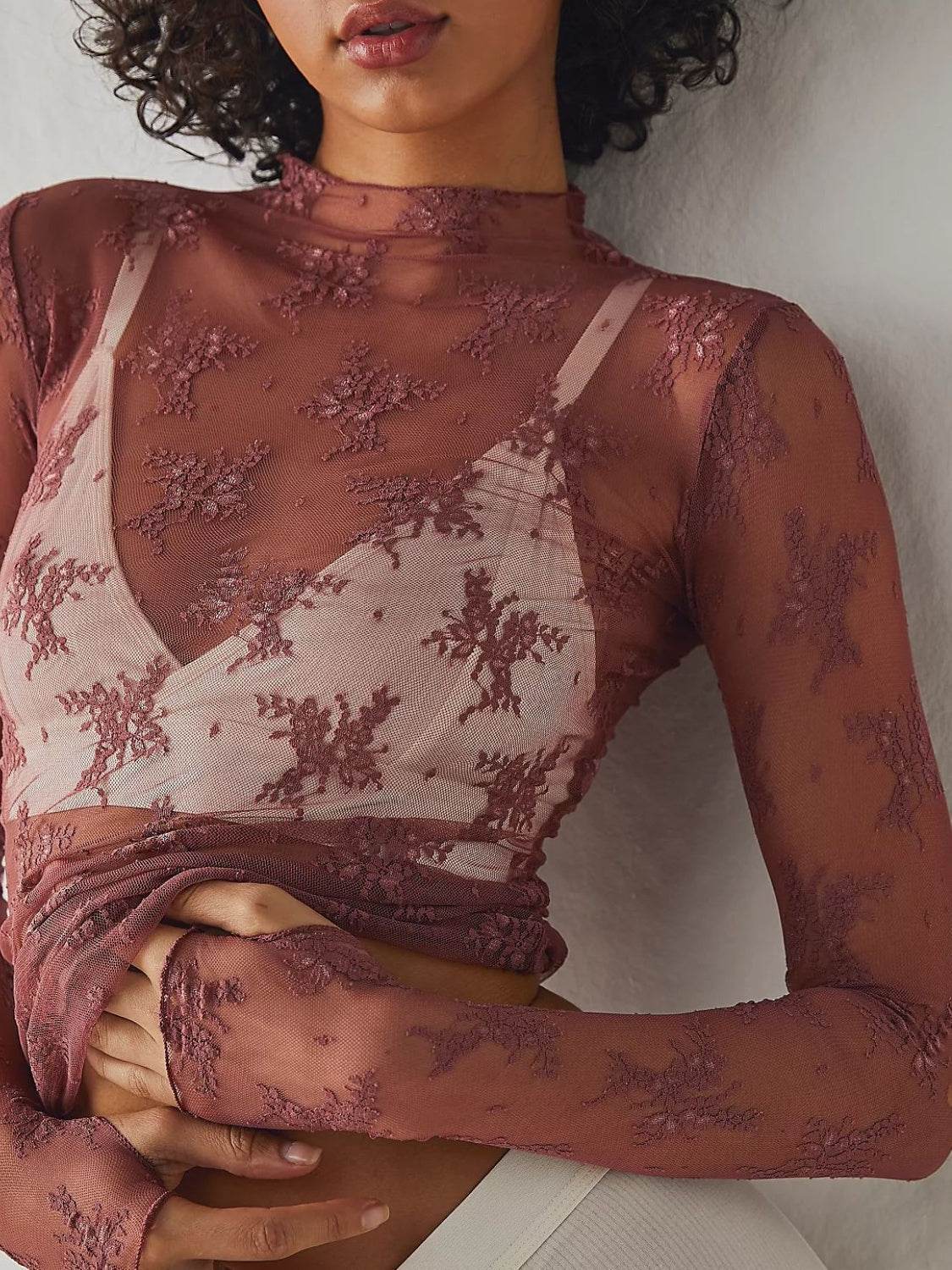 Lace Mock Neck Long Sleeve Blouse - UnLaced Boutique