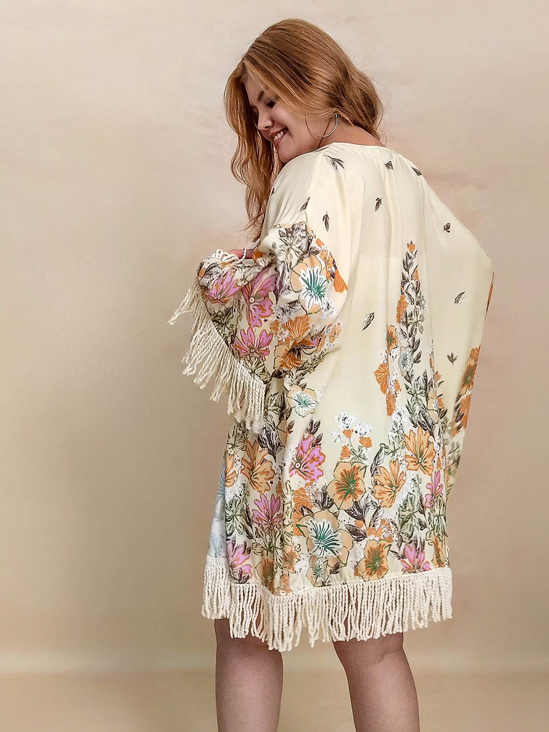 Plus Size Fringe Printed Open Front Cardigan - UnLaced Boutique