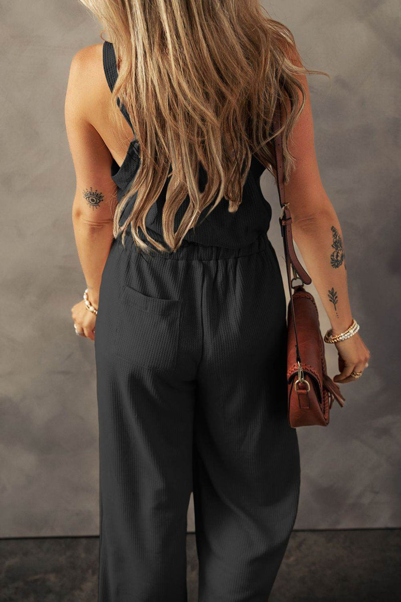 Knotted Straps Button Textured Drawstring Jumpsuit - UnLaced Boutique