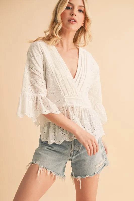Aemi+Co Flounce Sleeve Eyelet Peplum Top - UnLaced Boutique