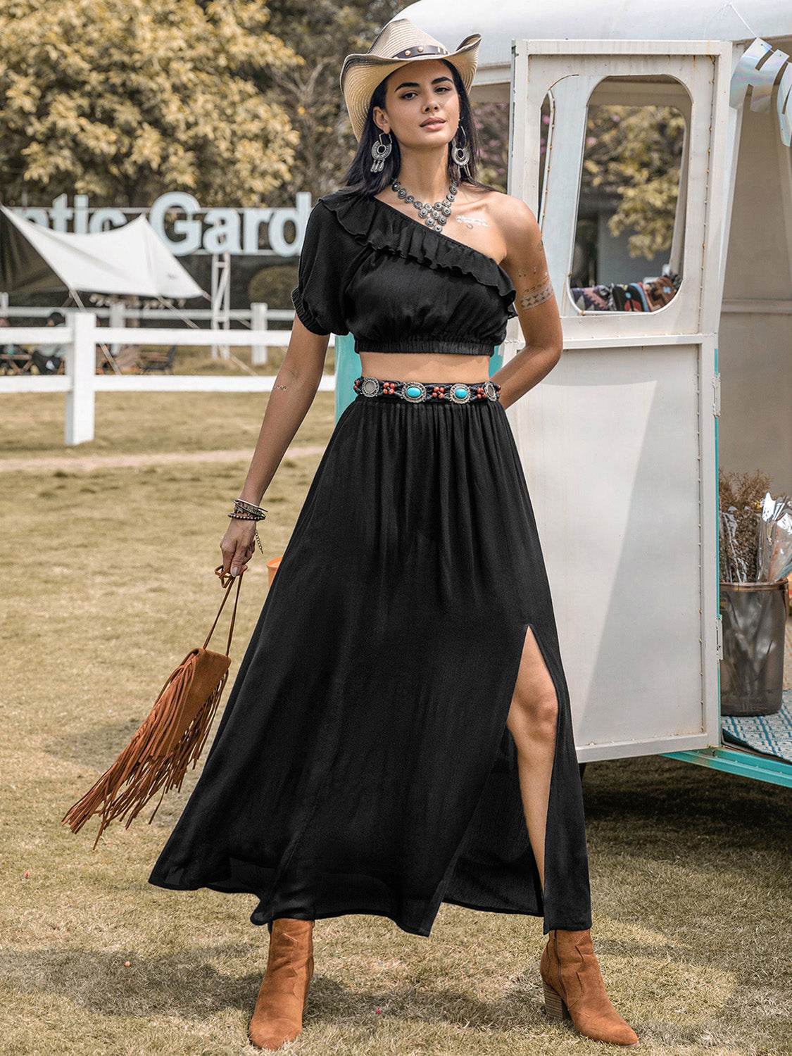 Ruffled Single Shoulder Top and Slit Skirt Set - UnLaced Boutique