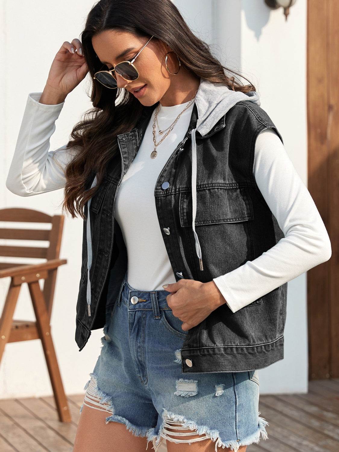 Drawstring Button Up Sleeveless Denim Jacket - UnLaced Boutique