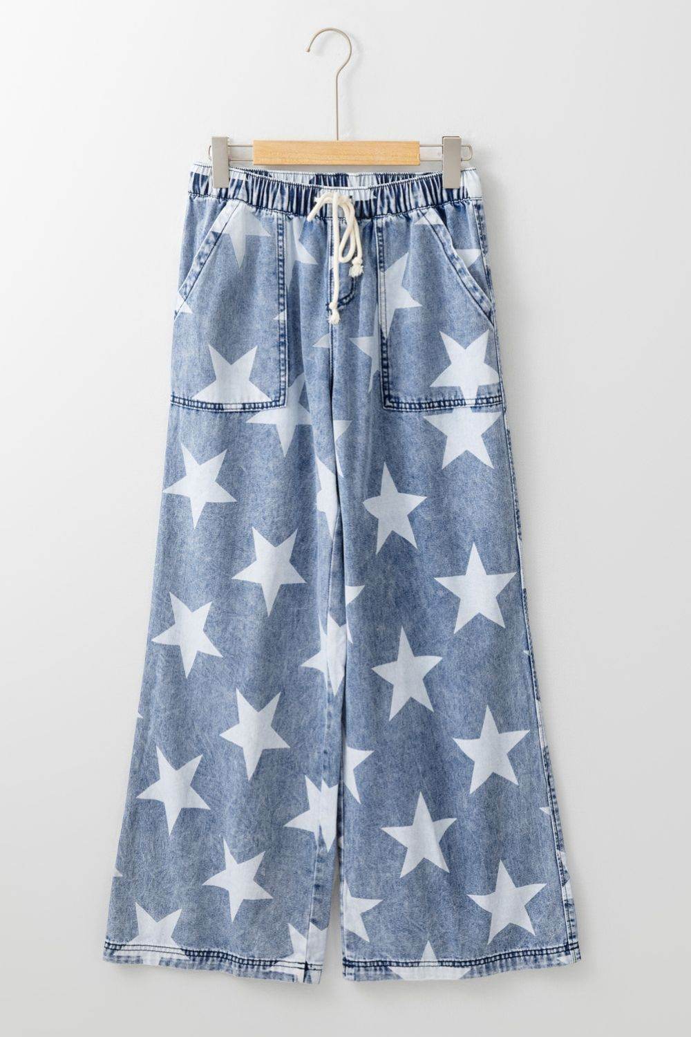 Star Print Washed Drawstring High Waist Wide Leg Jeans - UnLaced Boutique