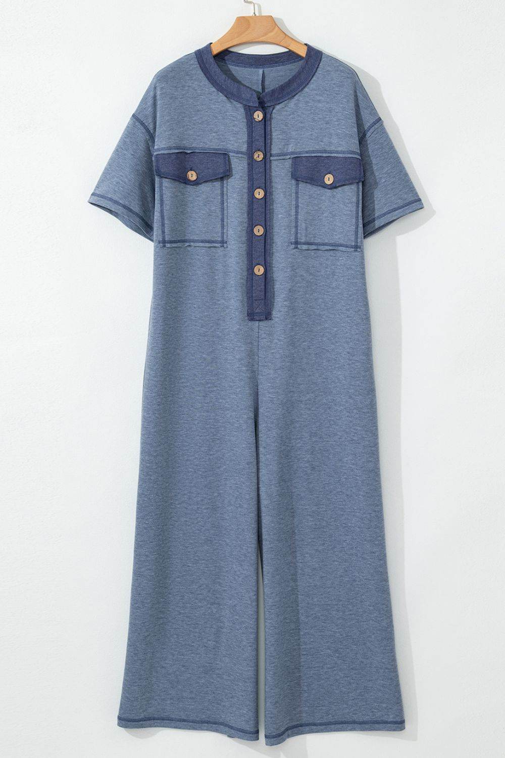 Placket Chest Pockets Short Sleeve Wide Leg Jumpsuit - UnLaced Boutique
