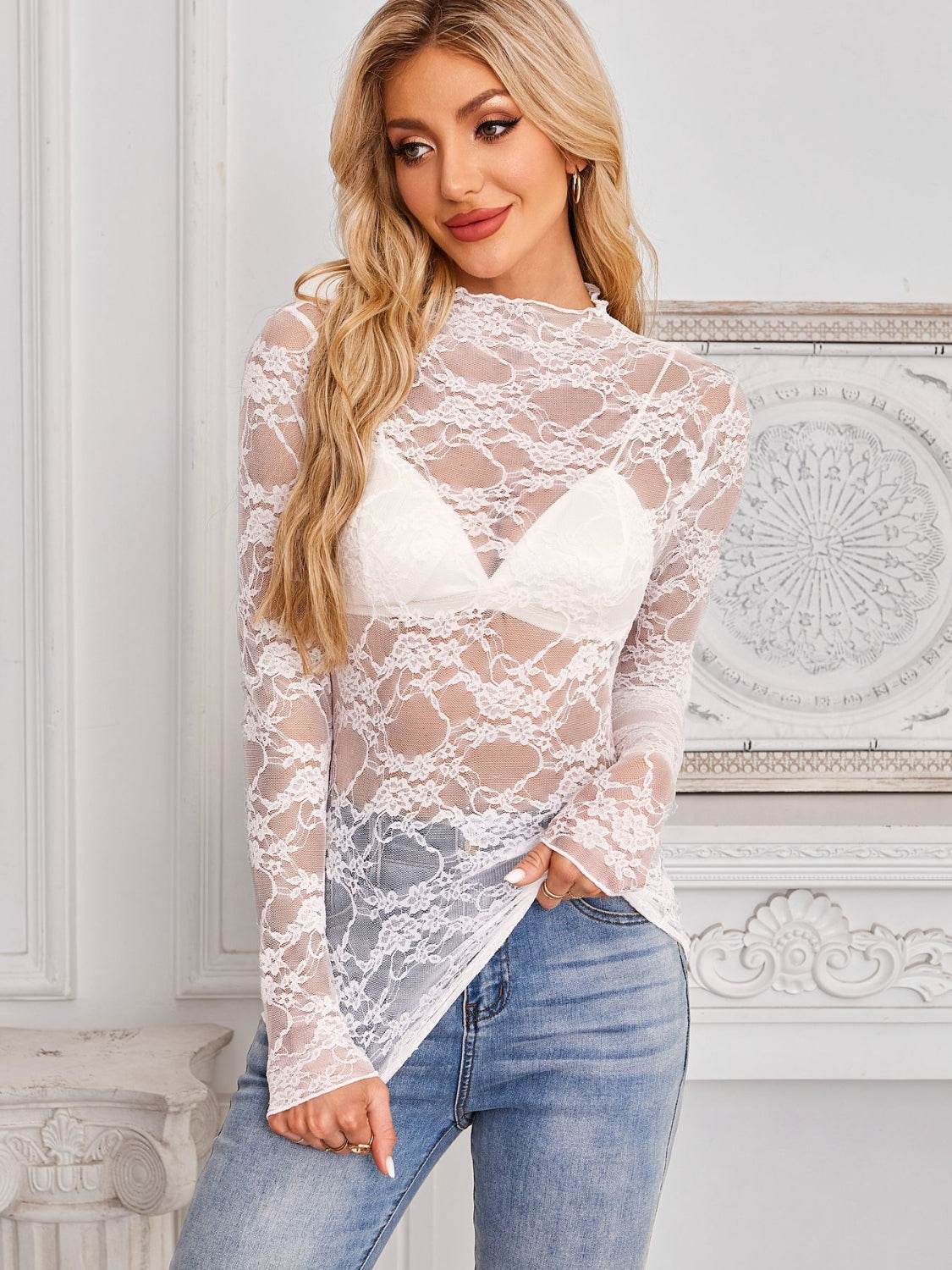 Mock Neck Long Sleeve Lace Sheer Top - UnLaced Boutique