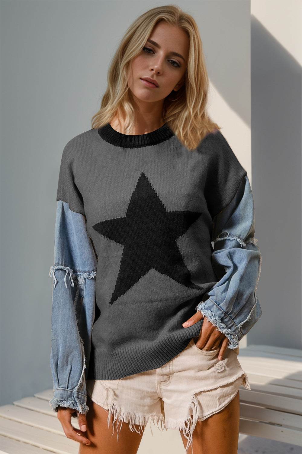 Double Take Full Size Star Pattern Raw Edge Long Sleeve Sweater - UnLaced Boutique