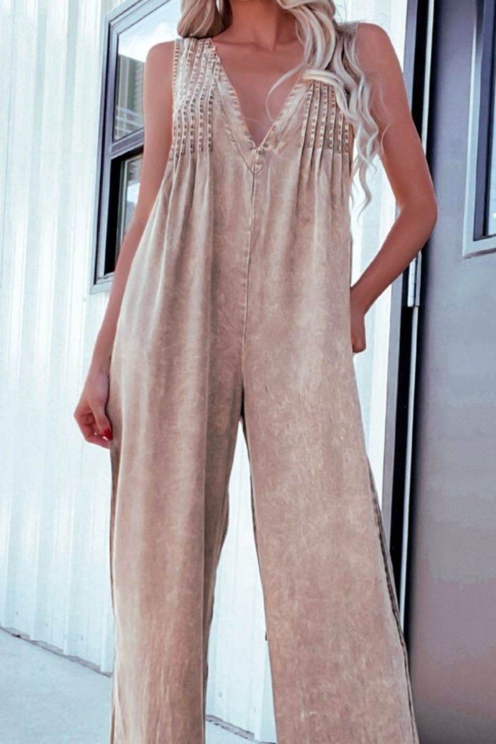 V-Neck Wide Leg Denim Jumpsuit - UnLaced Boutique