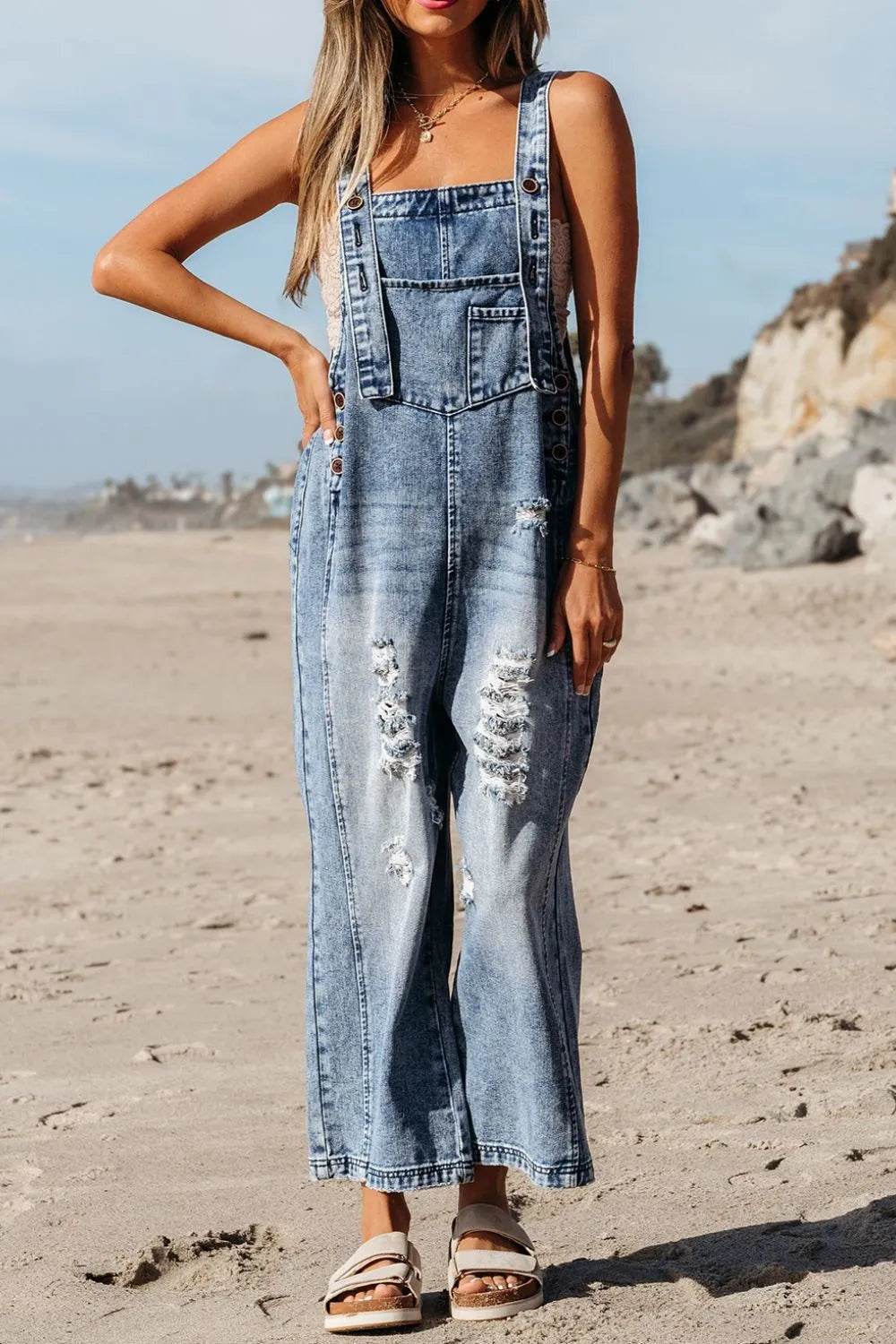 Distressed Bib Pocket Wide Leg Denim Overalls - UnLaced Boutique