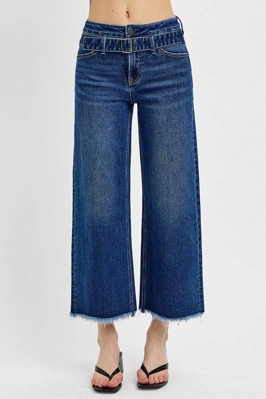 RISEN Raw Hem Wide Leg Attached Buckle Jeans - UnLaced Boutique