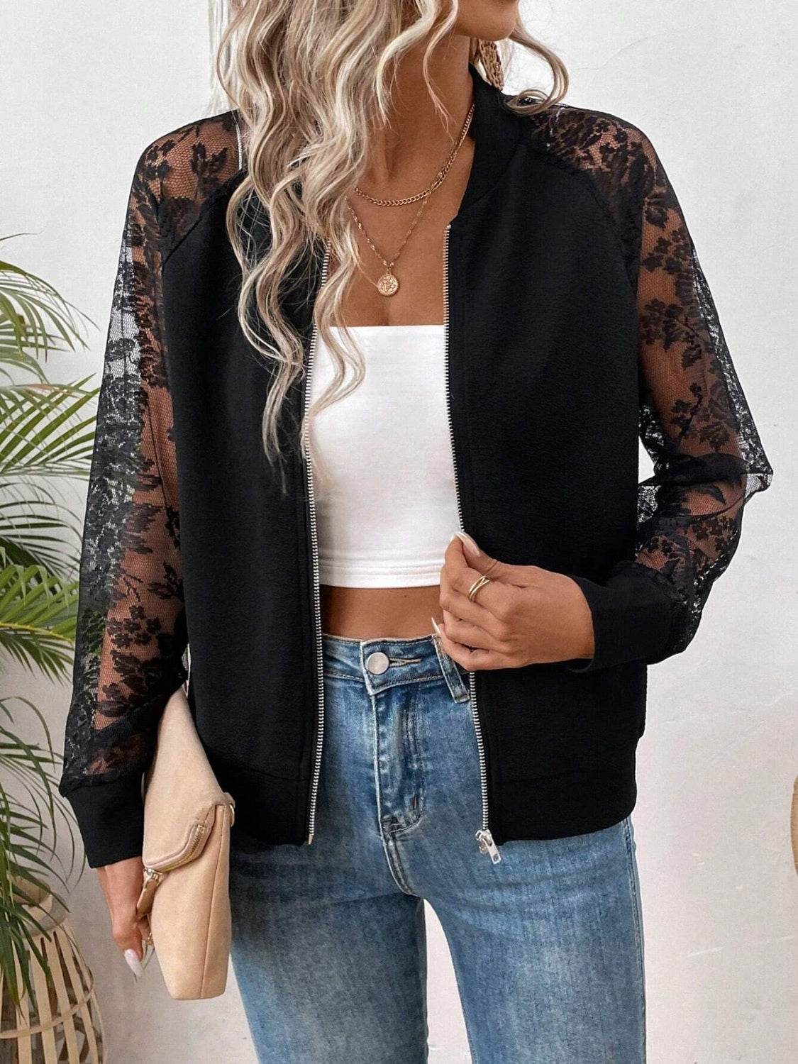 Lace Baseball Collar Zip Up Jacket - UnLaced Boutique