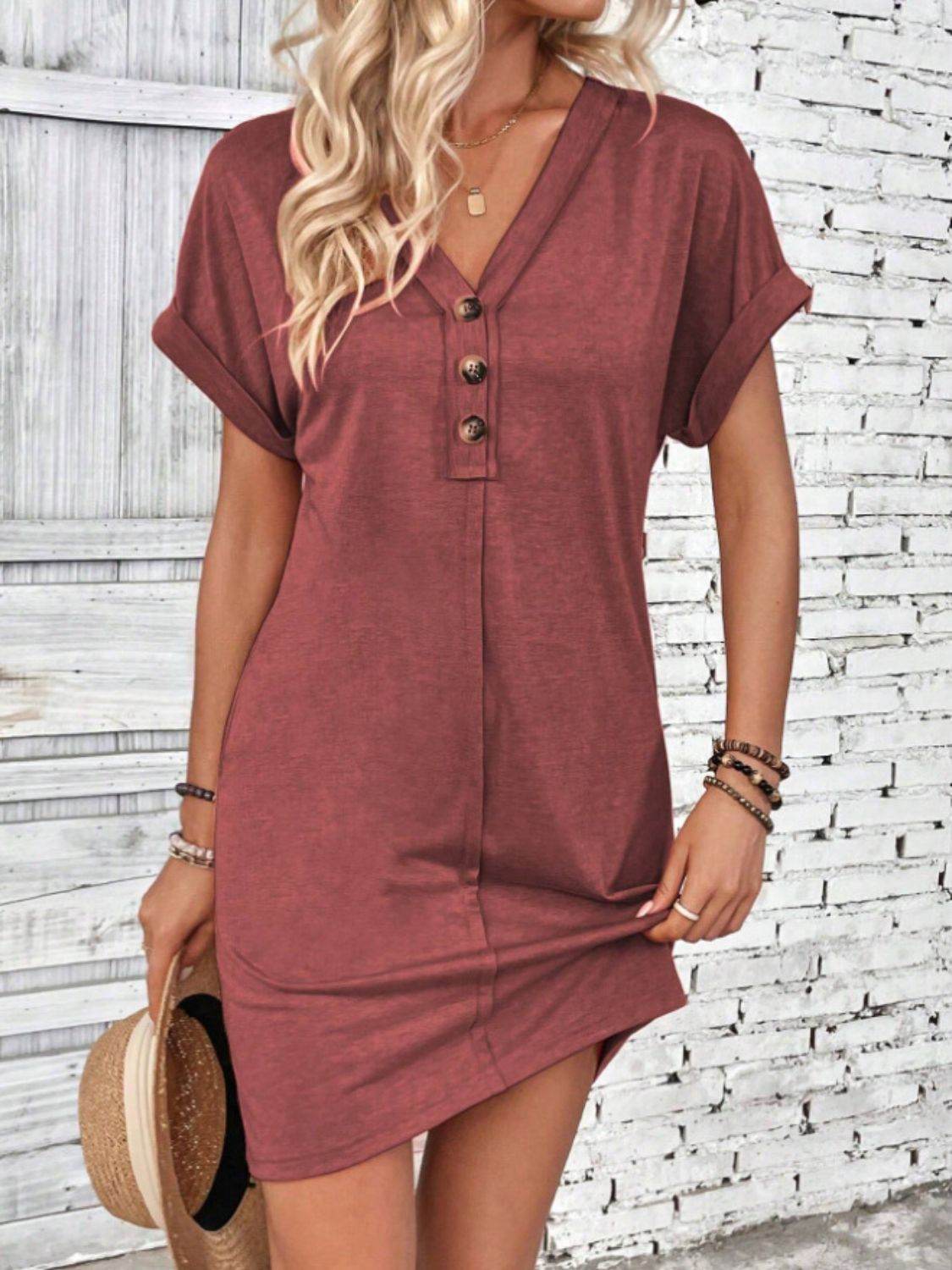 Quarter Button V-Neck Short Sleeve Dress - UnLaced Boutique