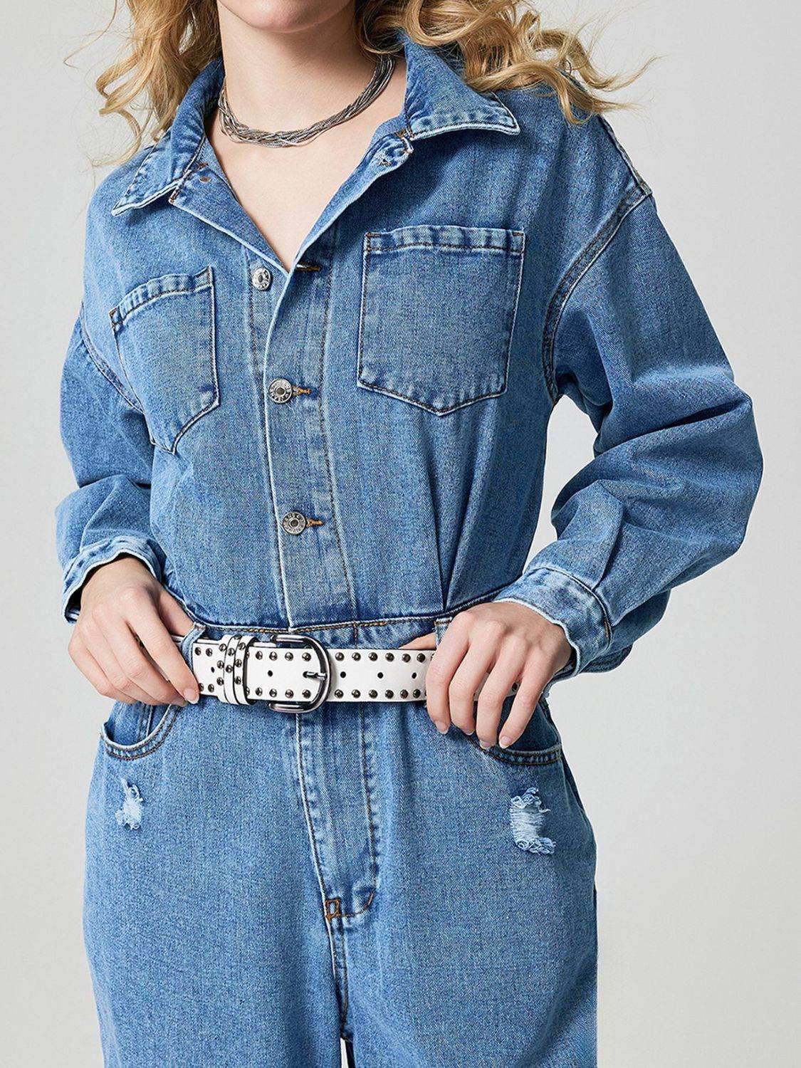 Distressed Button Down Drop Shoulder Denim Jumpsuit - UnLaced Boutique