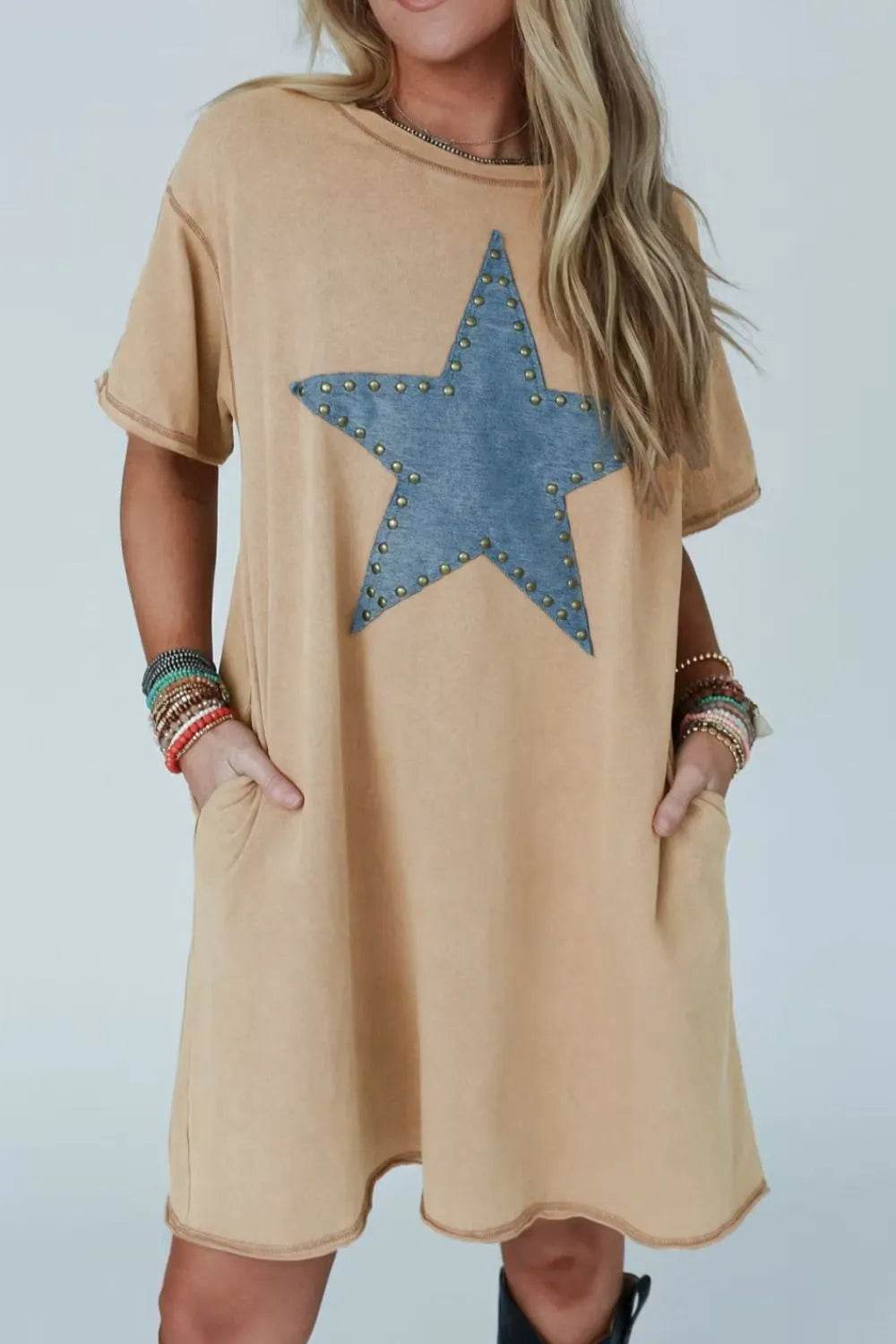 Mineral Wash Stud Beaded Star Pocketed T Shirt Dress - UnLaced Boutique