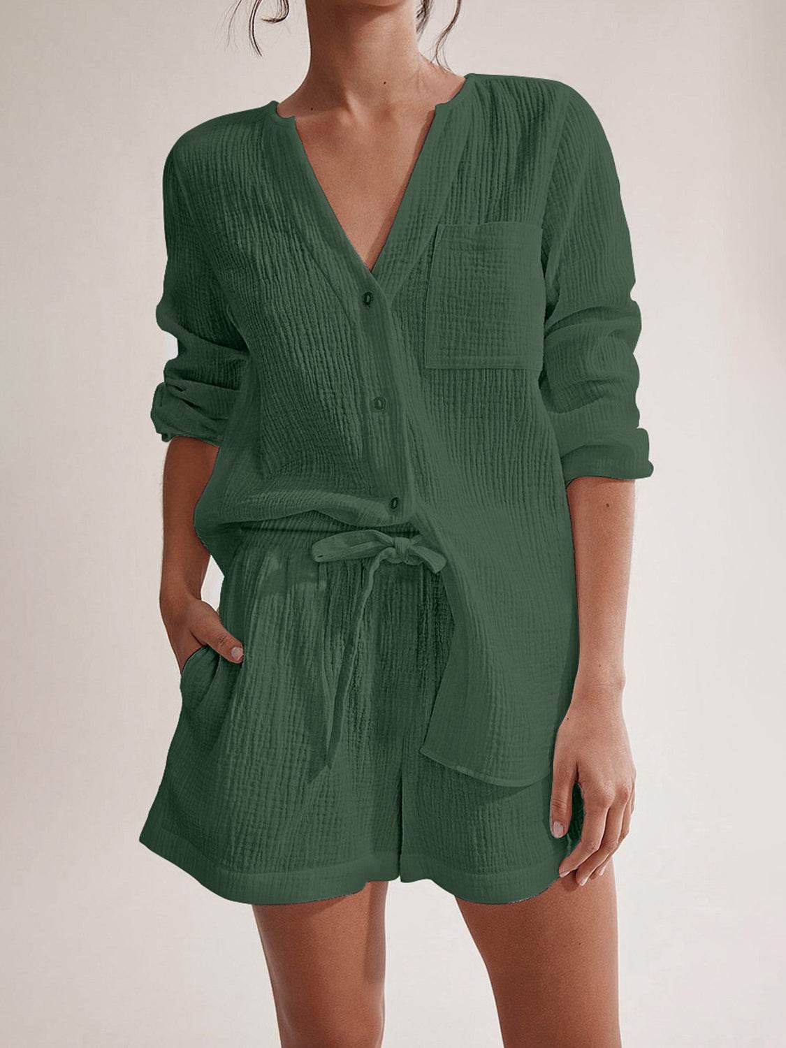 Notched Long Sleeve Top and Shorts Set - UnLaced Boutique