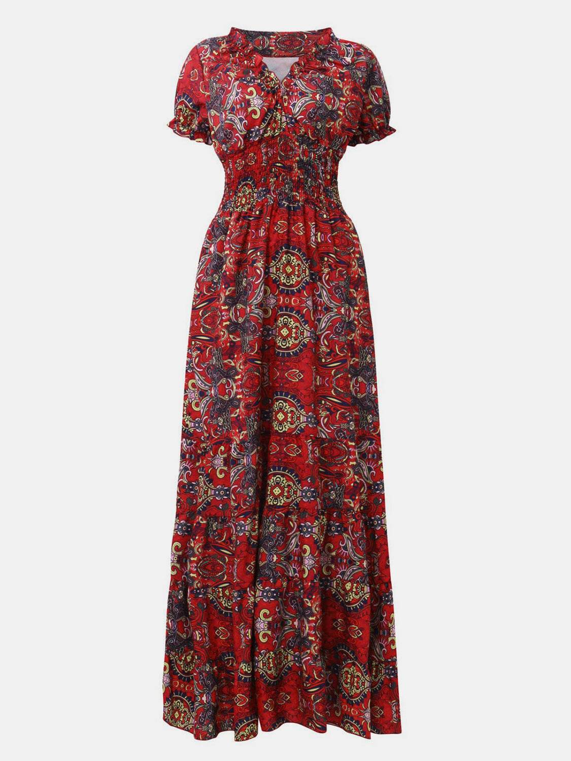 Full Size Smocked Printed V-Neck Short Sleeve Dress - UnLaced Boutique