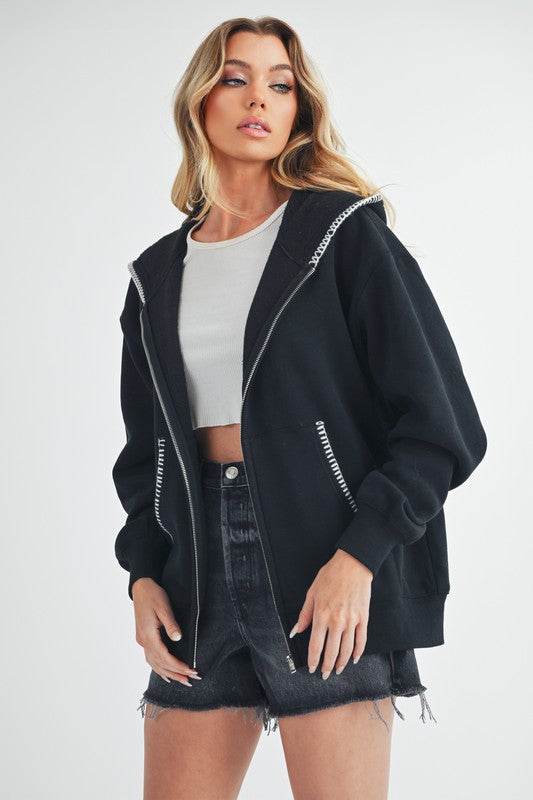 Aemi + Co Contrast Trim Zip Up Hoodie Jacket - UnLaced Boutique