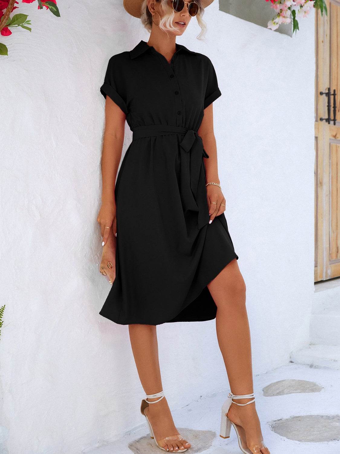 Buttoned Tie Waist Short Sleeve Dress - UnLaced Boutique
