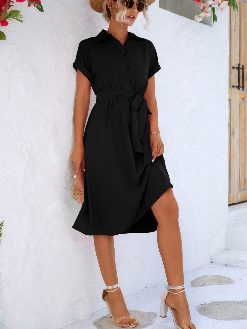 Buttoned Tie Waist Short Sleeve Dress - UnLaced Boutique