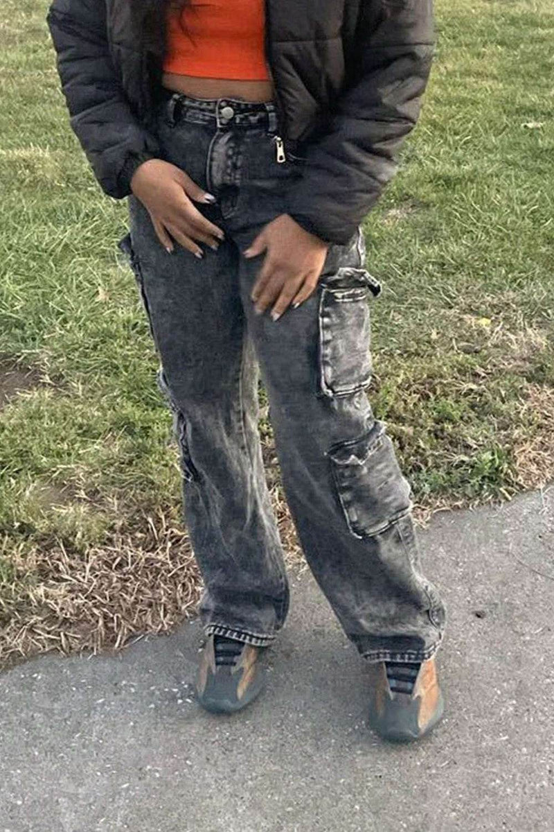 Washed Jeans with Cargo Pockets - UnLaced Boutique