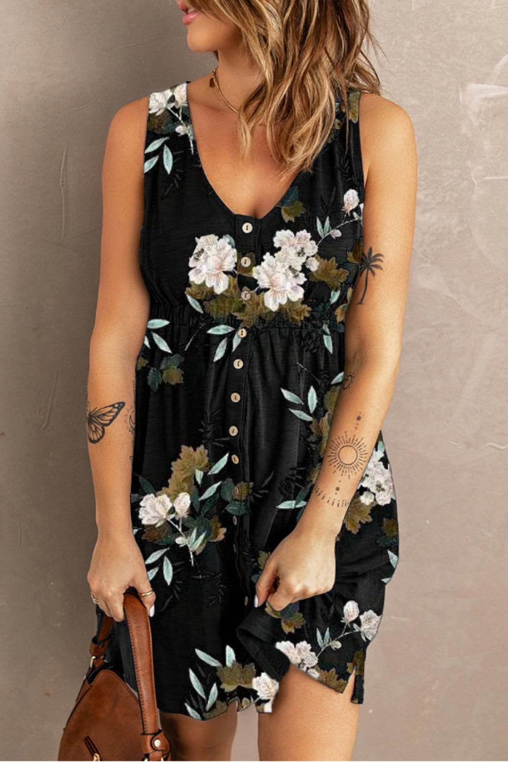 Double Take Printed Scoop Neck Sleeveless Buttoned Magic Dress with Pockets - UnLaced Boutique