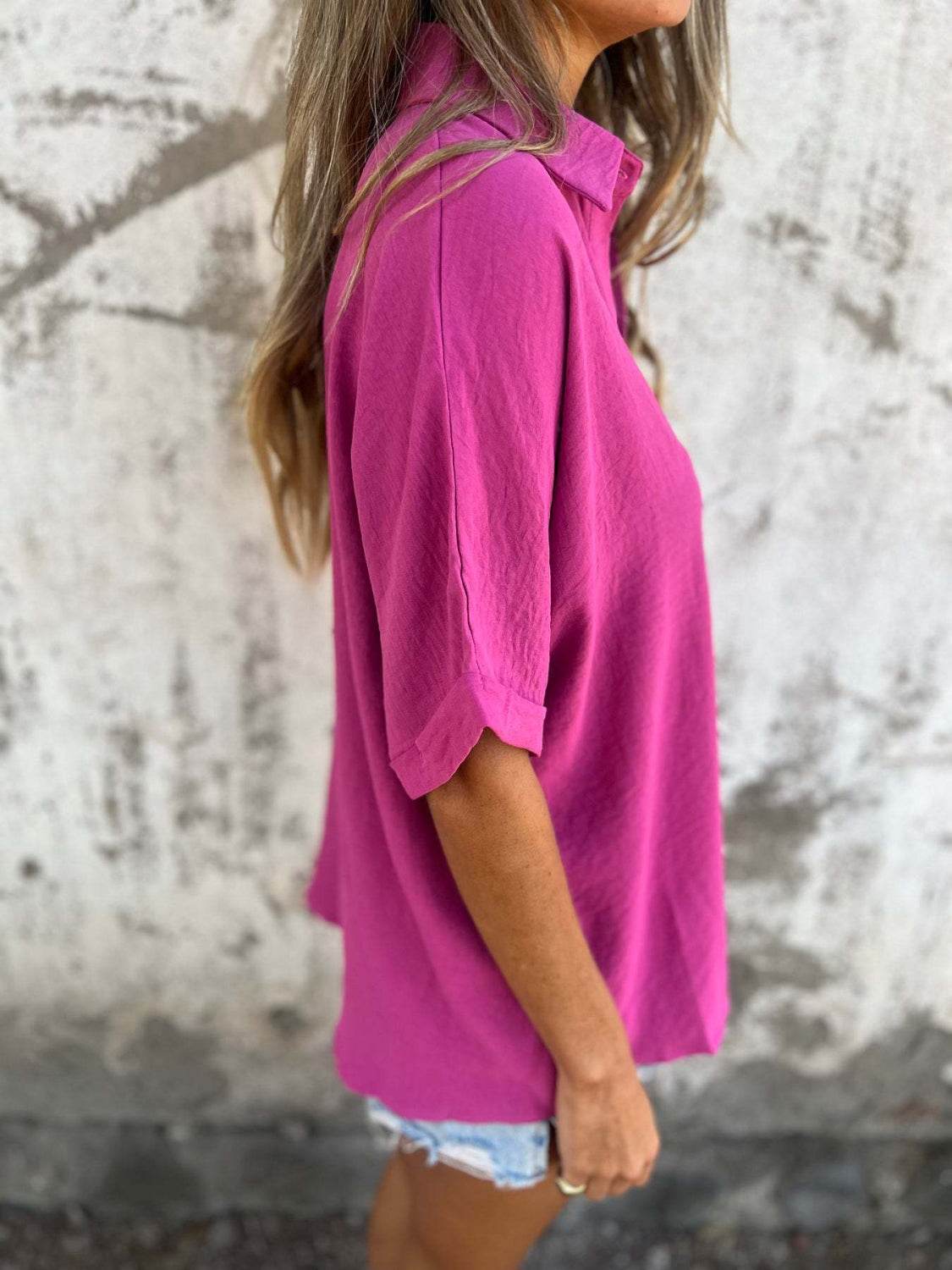 Full Size Collared Neck Half Sleeve Shirt Plus Size - UnLaced Boutique