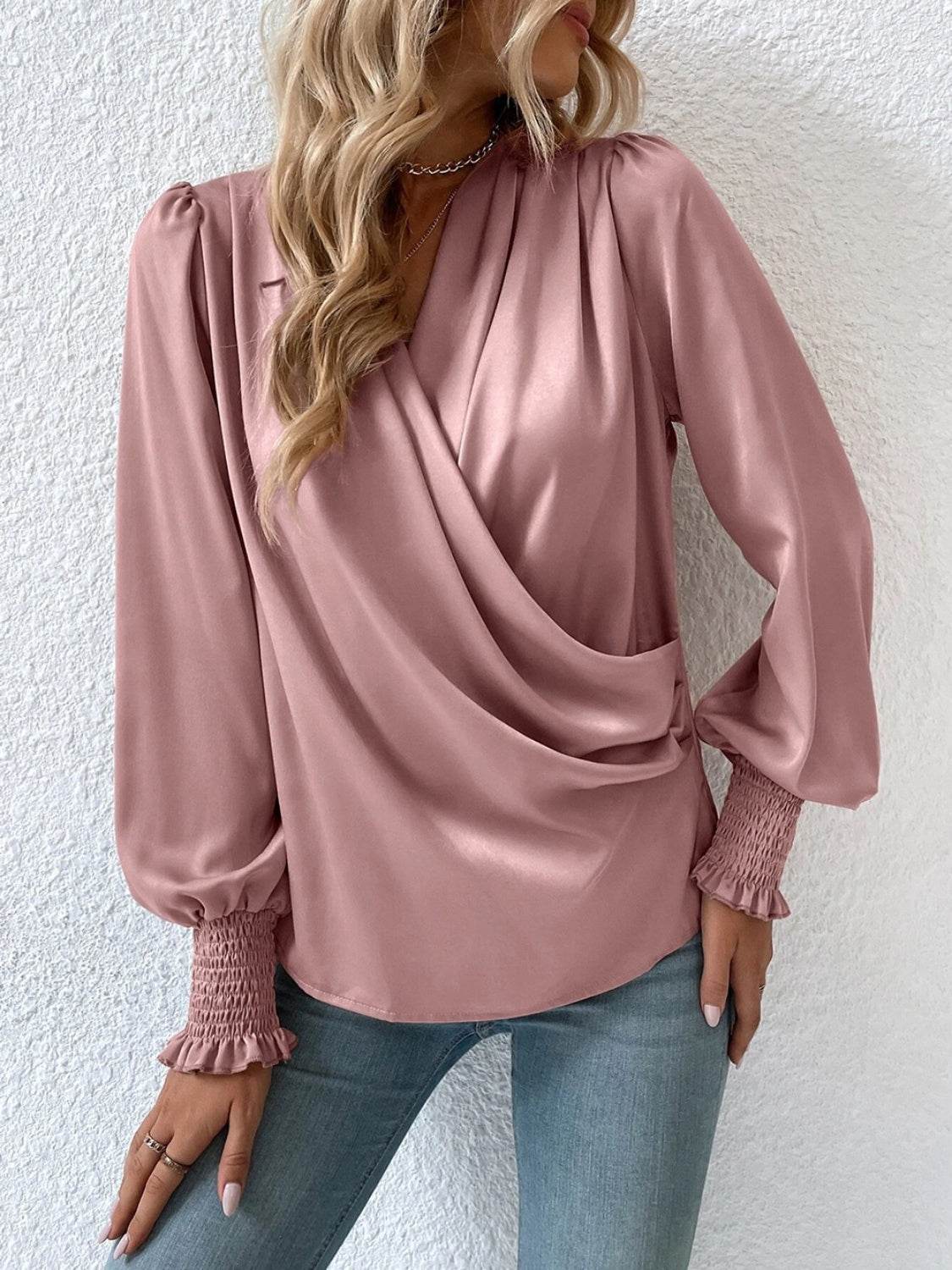 Surplice Smocked Lantern Sleeve Blouse - UnLaced Boutique