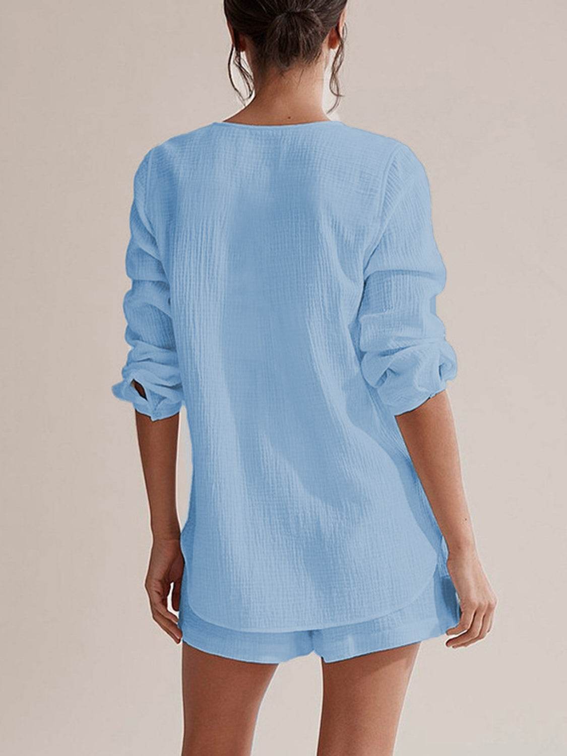Notched Long Sleeve Top and Shorts Set - UnLaced Boutique