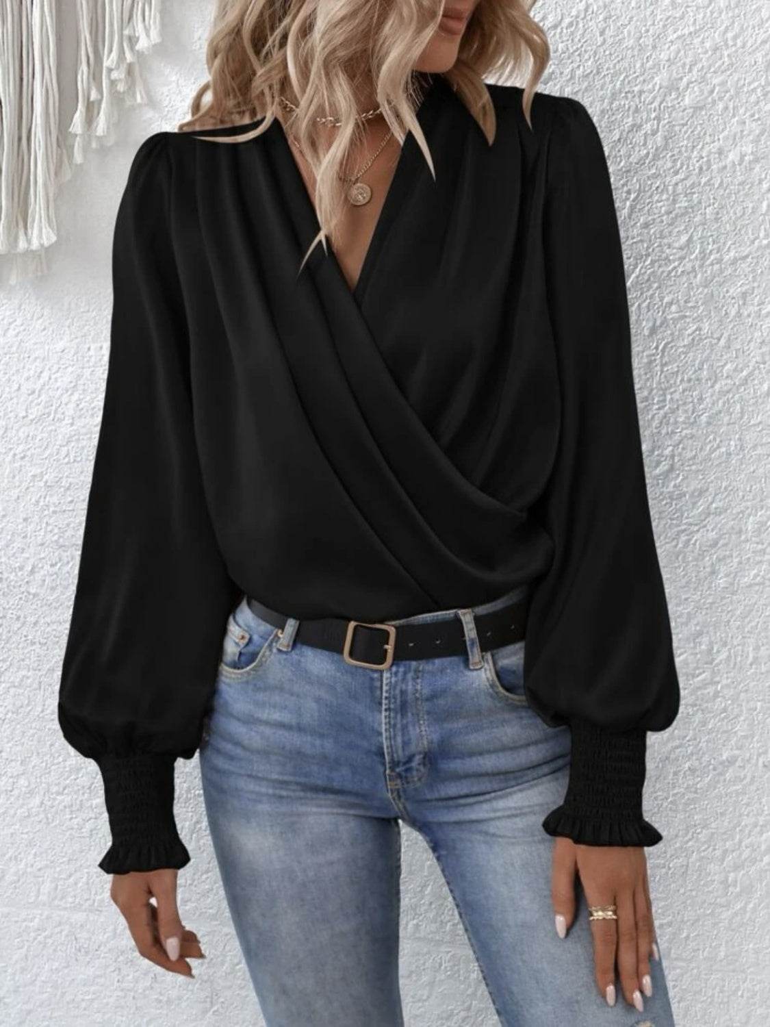 Surplice Smocked Lantern Sleeve Blouse - UnLaced Boutique