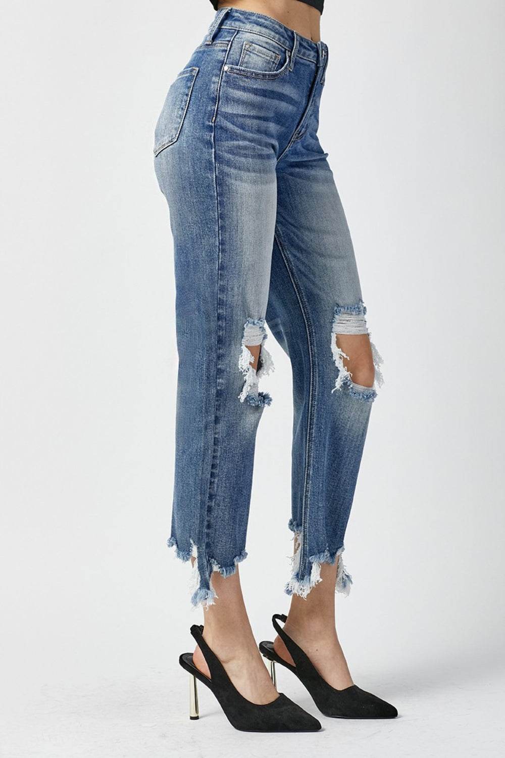 RISEN High Waist Distressed Frayed Hem Cropped Straight Jeans - UnLaced Boutique