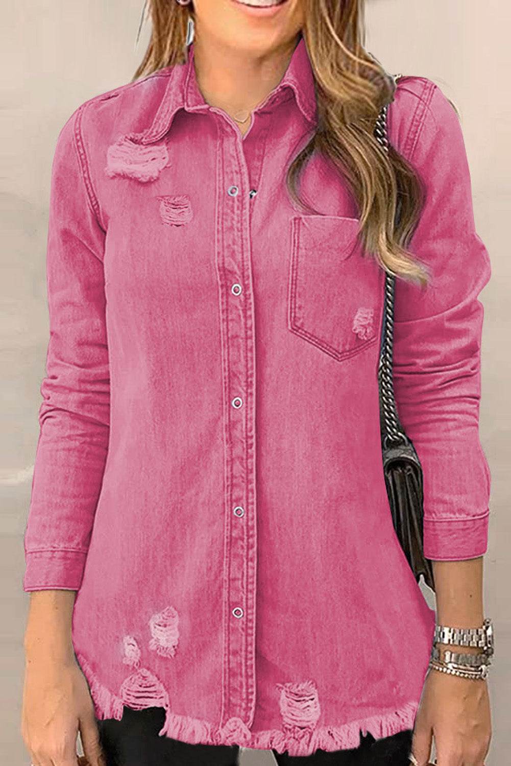 Distressed Raw Hem Snap Down Denim Jacket - UnLaced Boutique