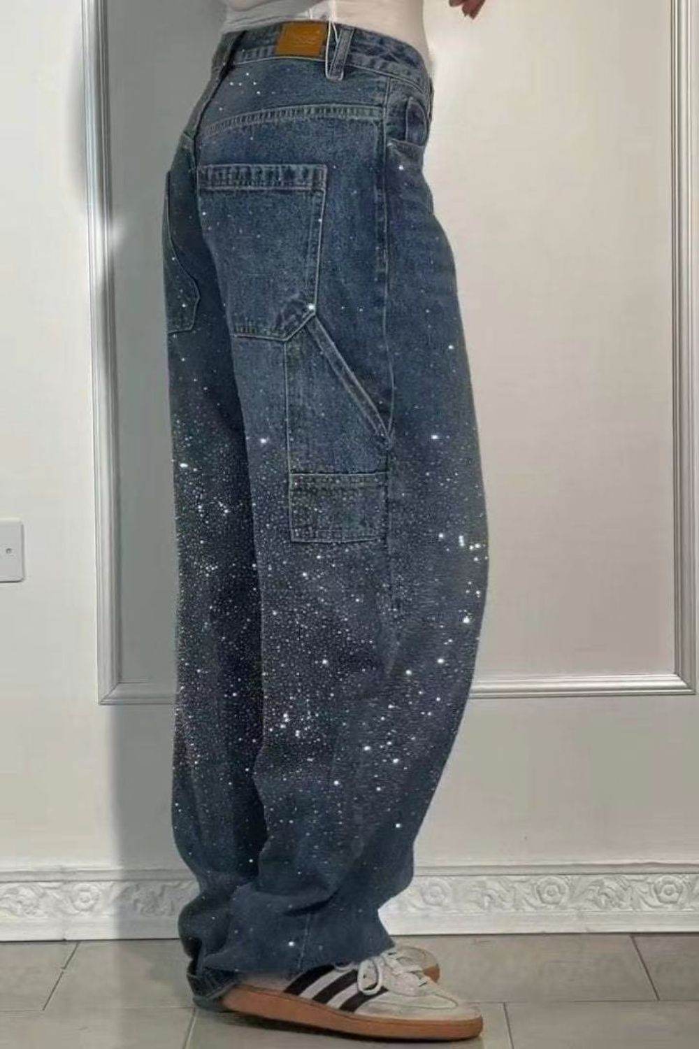Full Size Washed Rhinestone Detail Wide leg Jeans Plus Size - UnLaced Boutique