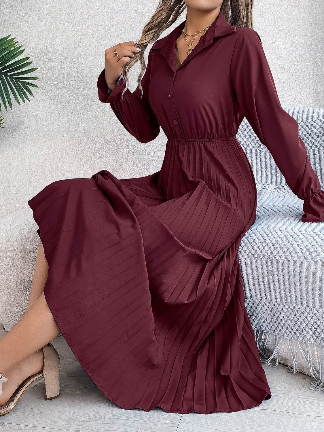 Pleated Half Button Long Sleeve Midi Dress - UnLaced Boutique