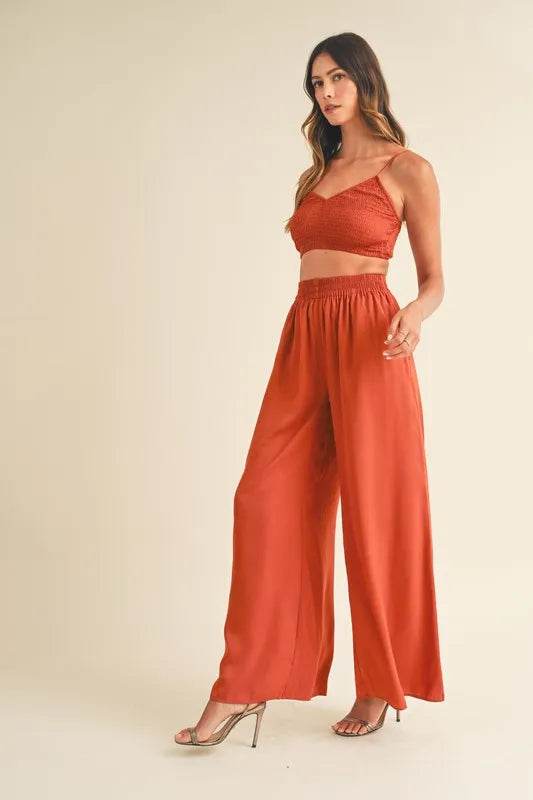 MABLE Smocked Bralette Crop Top and Wide Leg Pants Set - UnLaced Boutique