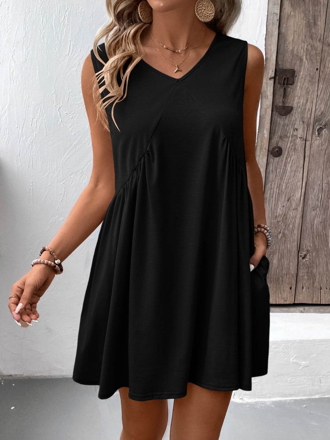 Ivy Lane Ruched V-Neck Sleeveless Mini Dress - UnLaced Boutique