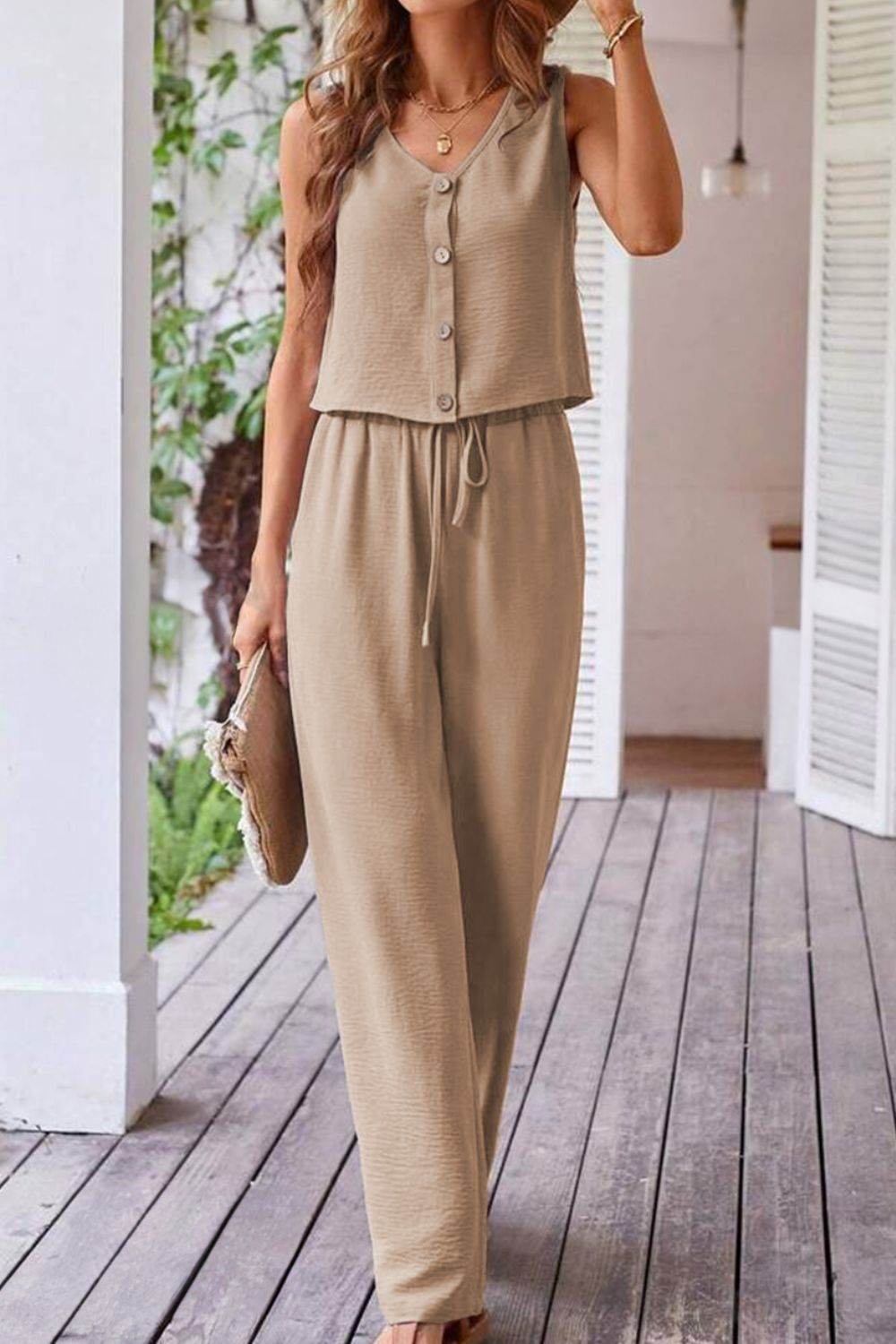Button Down Vest and Drawstring Wide Leg Pants Set - UnLaced Boutique
