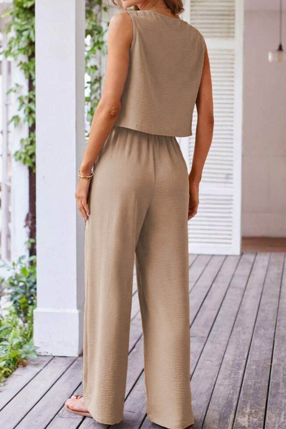 Button Down Vest and Drawstring Wide Leg Pants Set - UnLaced Boutique