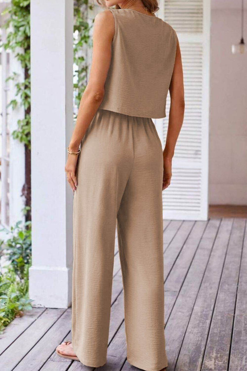 Button Down Vest and Drawstring Wide Leg Pants Set - UnLaced Boutique