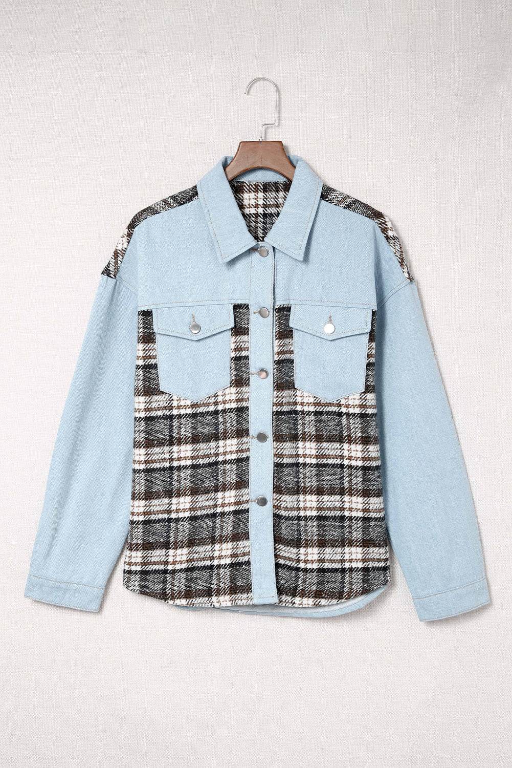 Plaid Pocketed Button Up Denim Jacket - UnLaced Boutique