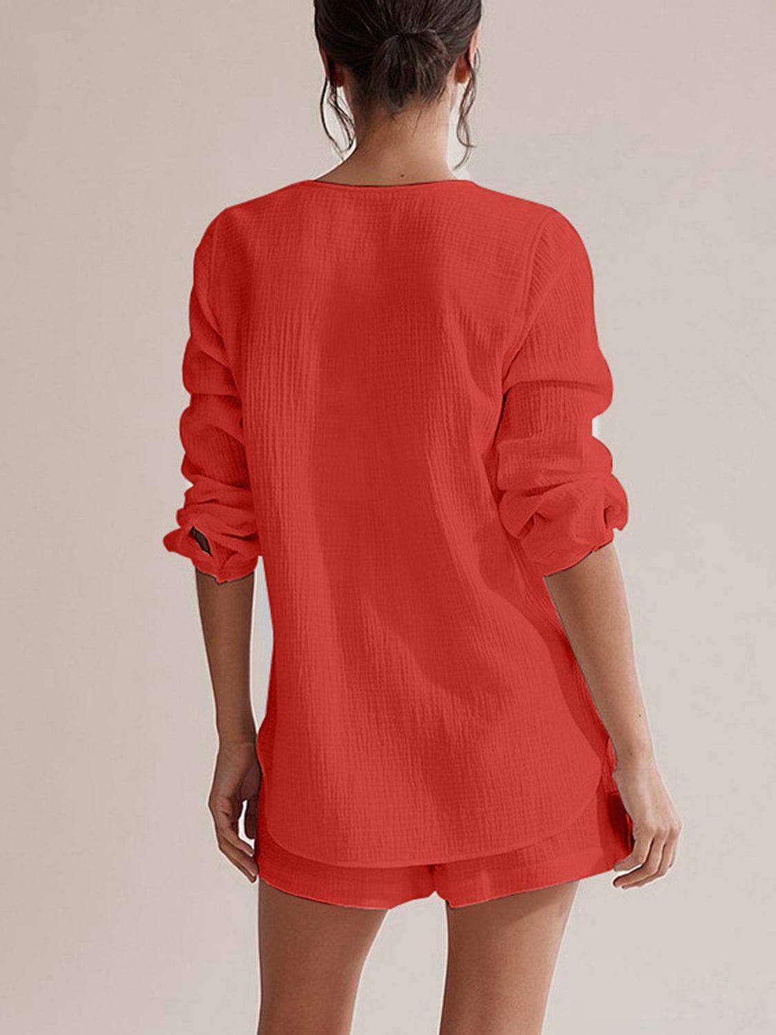Notched Long Sleeve Top and Shorts Set - UnLaced Boutique
