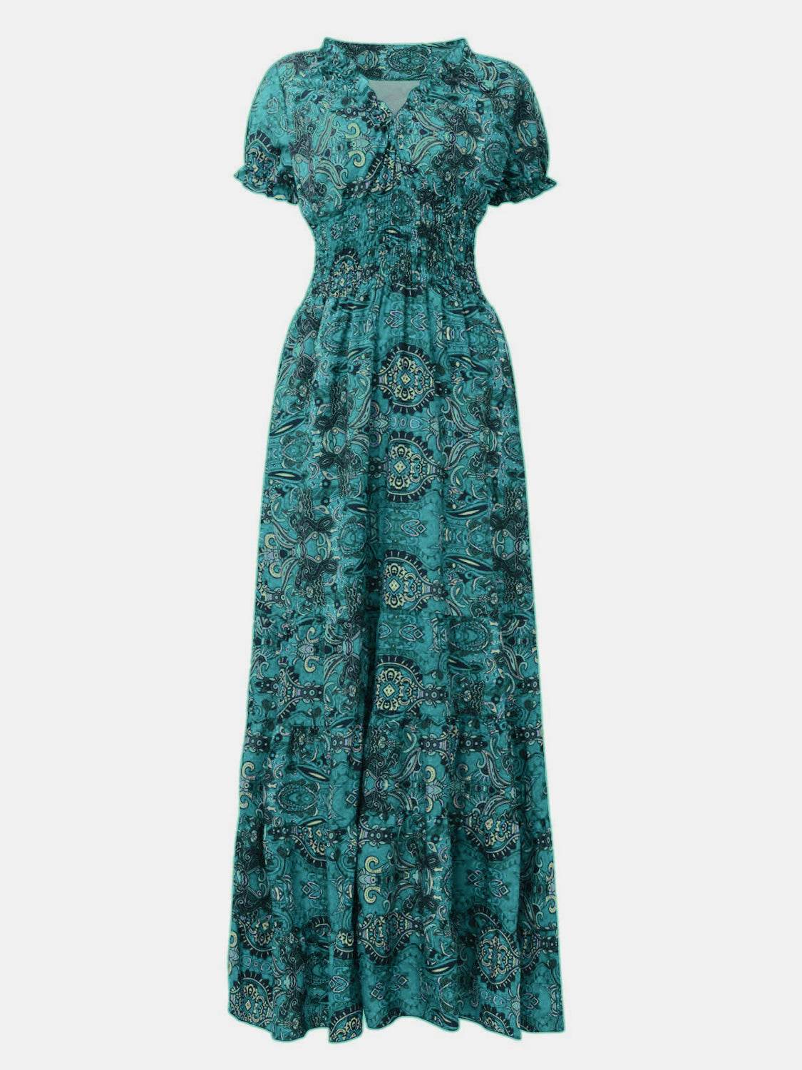 Full Size Smocked Printed V-Neck Short Sleeve Dress - UnLaced Boutique