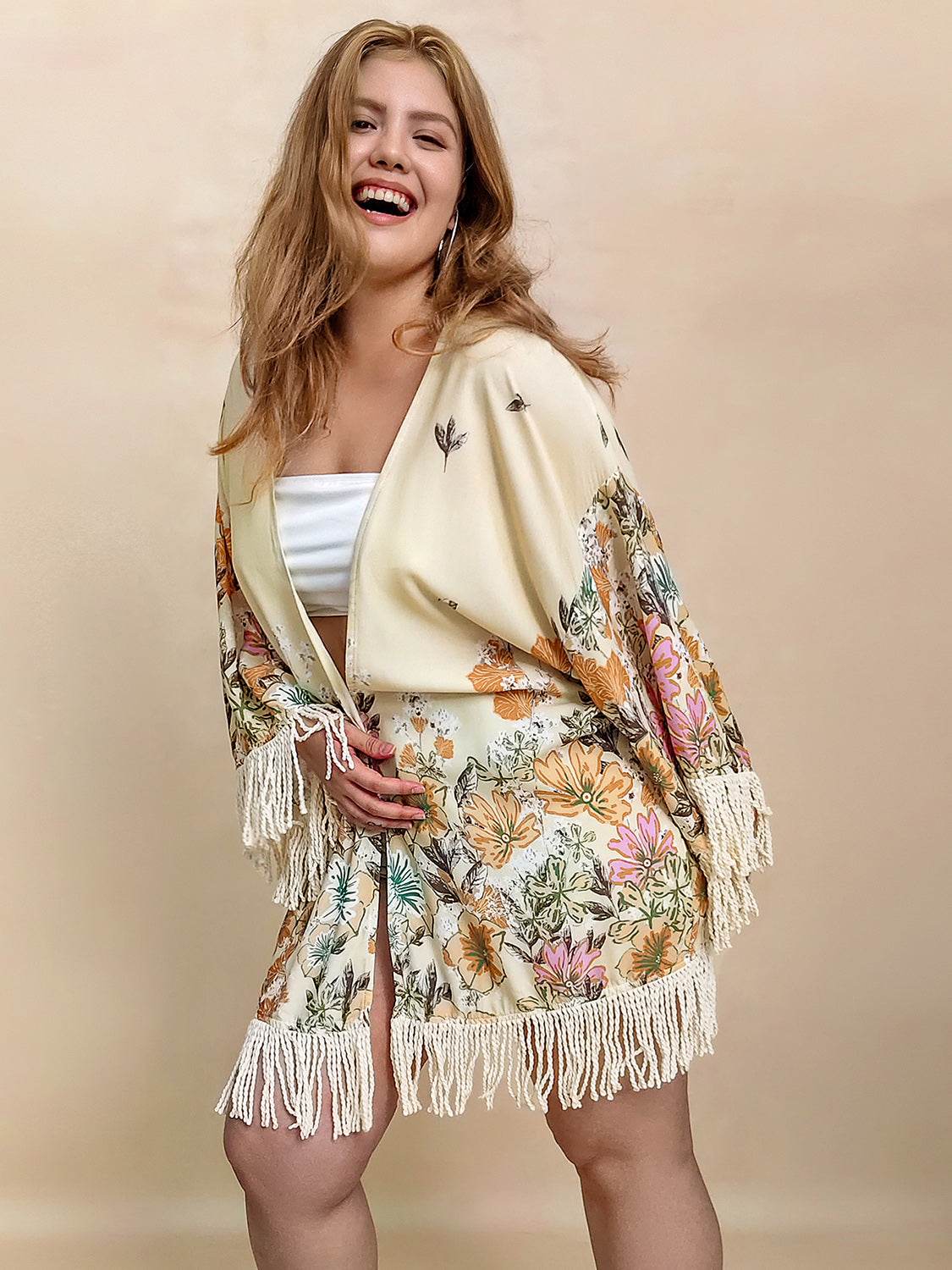 Plus Size Fringe Printed Open Front Cardigan - UnLaced Boutique