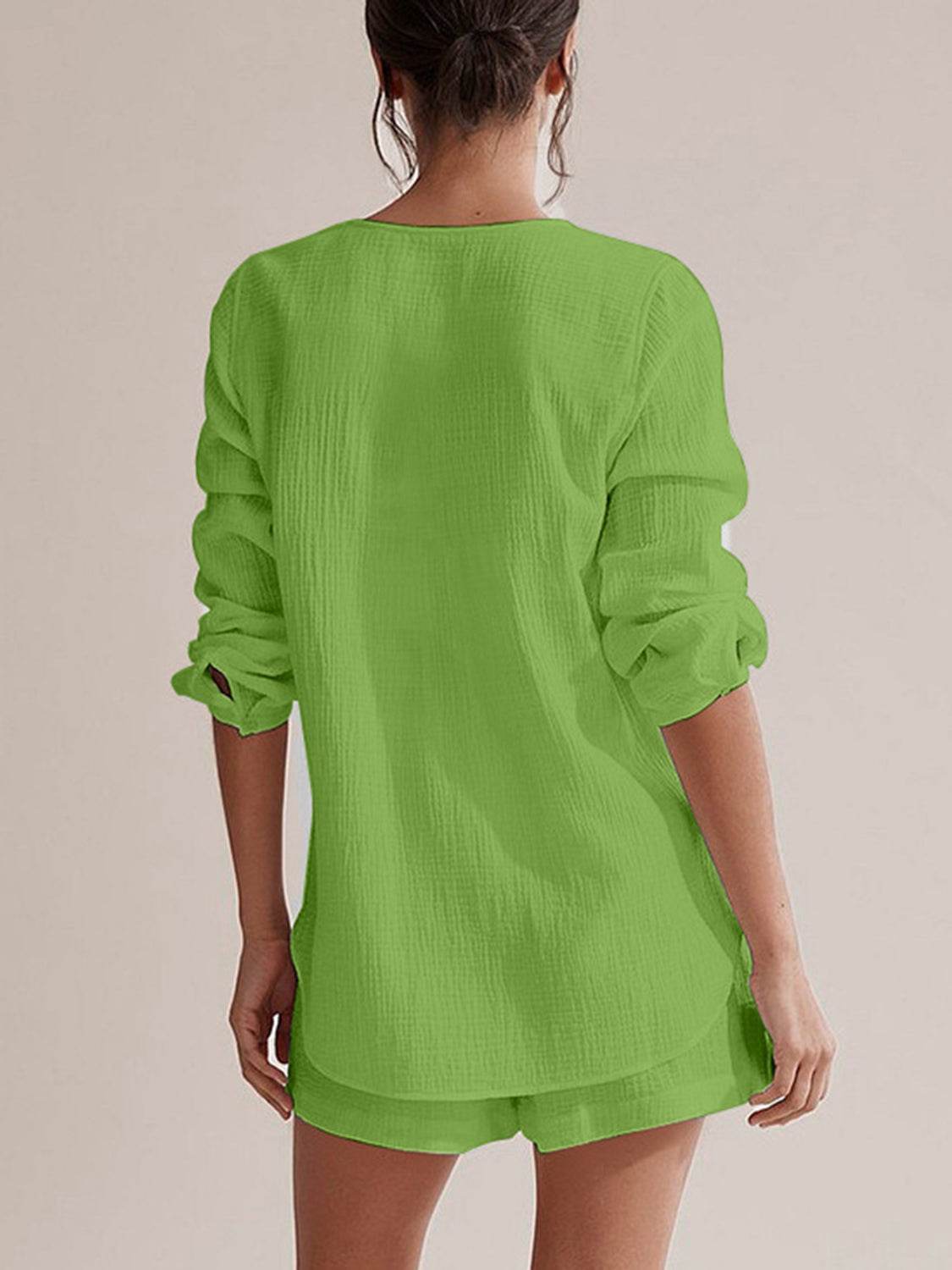 Notched Long Sleeve Top and Shorts Set - UnLaced Boutique