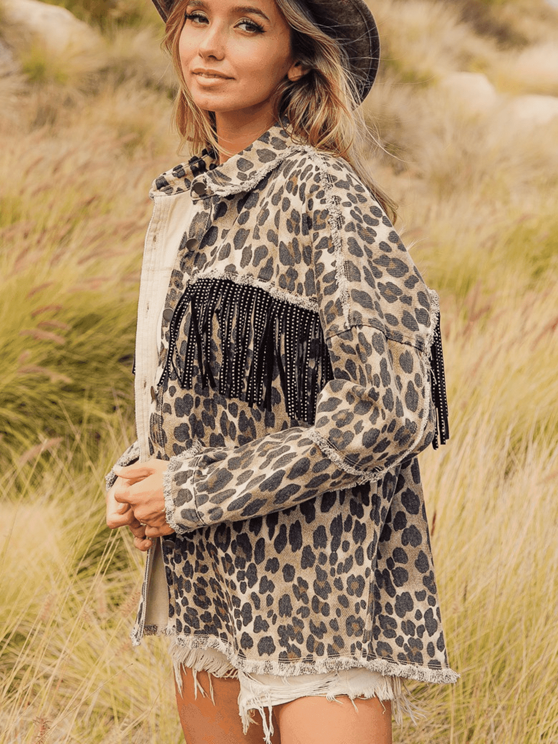Leopard Fringe Detail Collared Neck Denim Jacket - UnLaced Boutique
