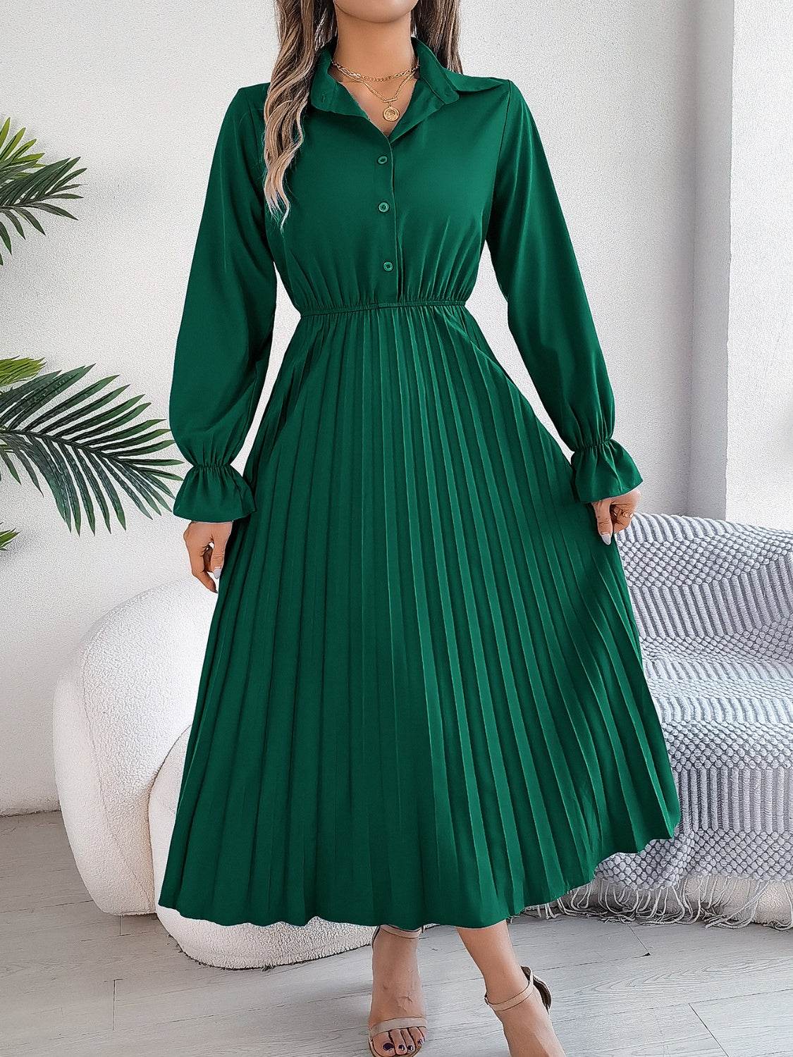 Pleated Half Button Long Sleeve Midi Dress - UnLaced Boutique