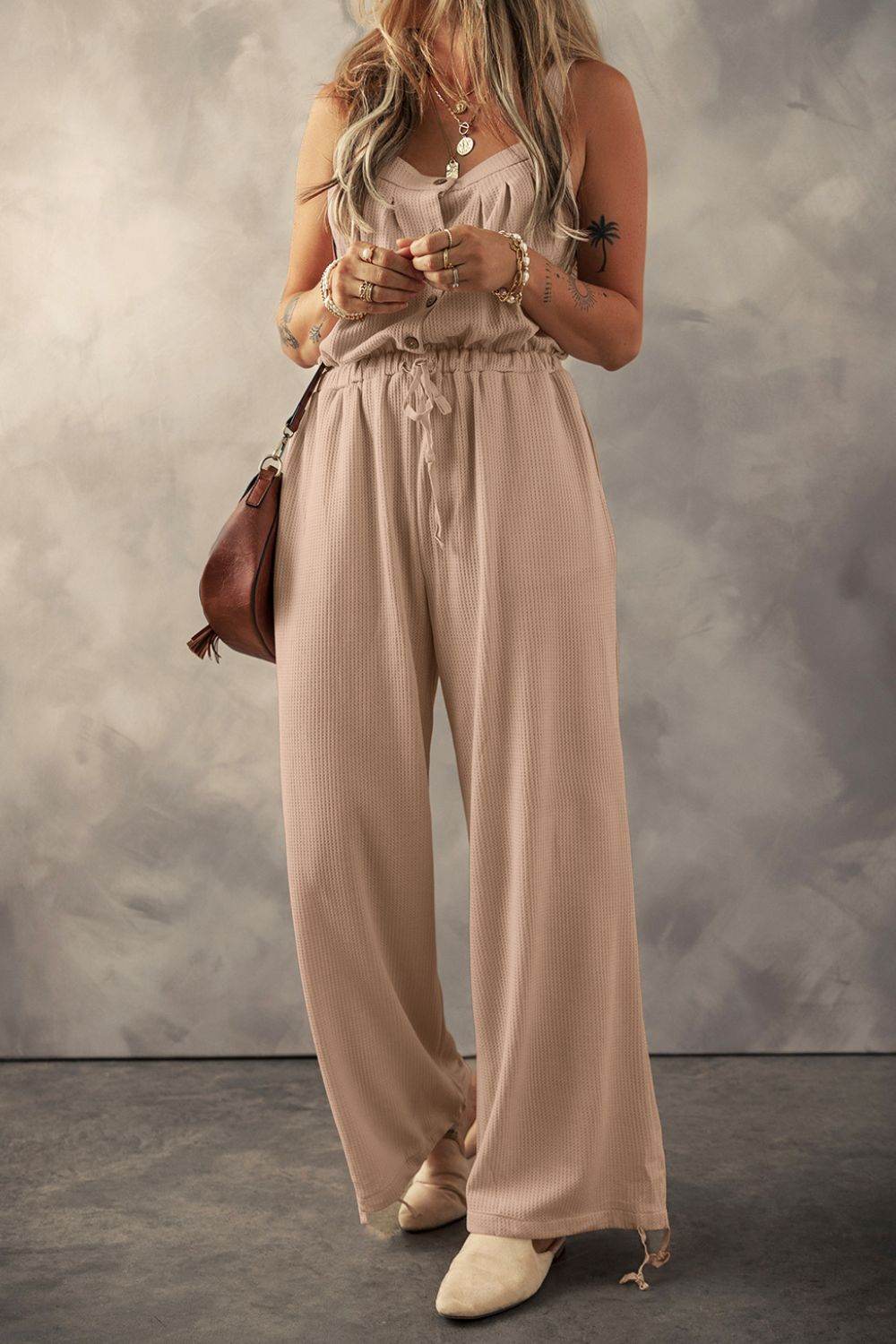 Knotted Straps Button Textured Drawstring Jumpsuit - UnLaced Boutique